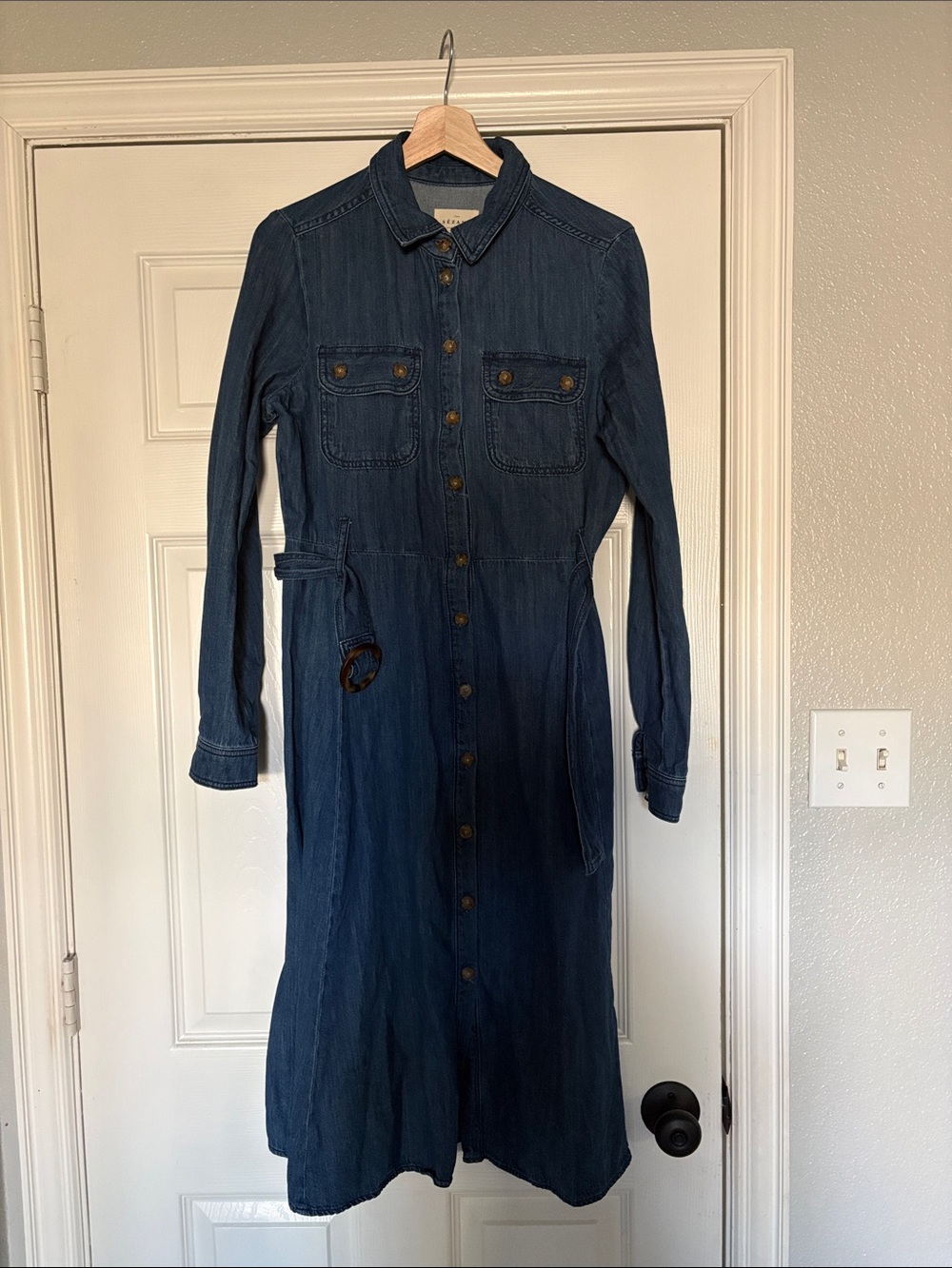 Sezane Dark Blue Denim Button-Front Long Sleeve Dress